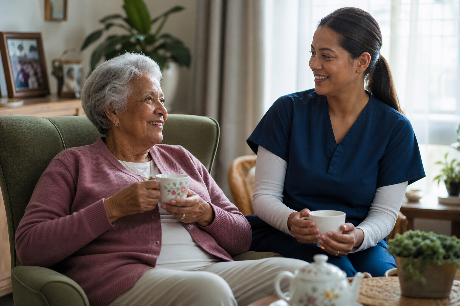 Caregiver and Client at Home in Warm Daylight