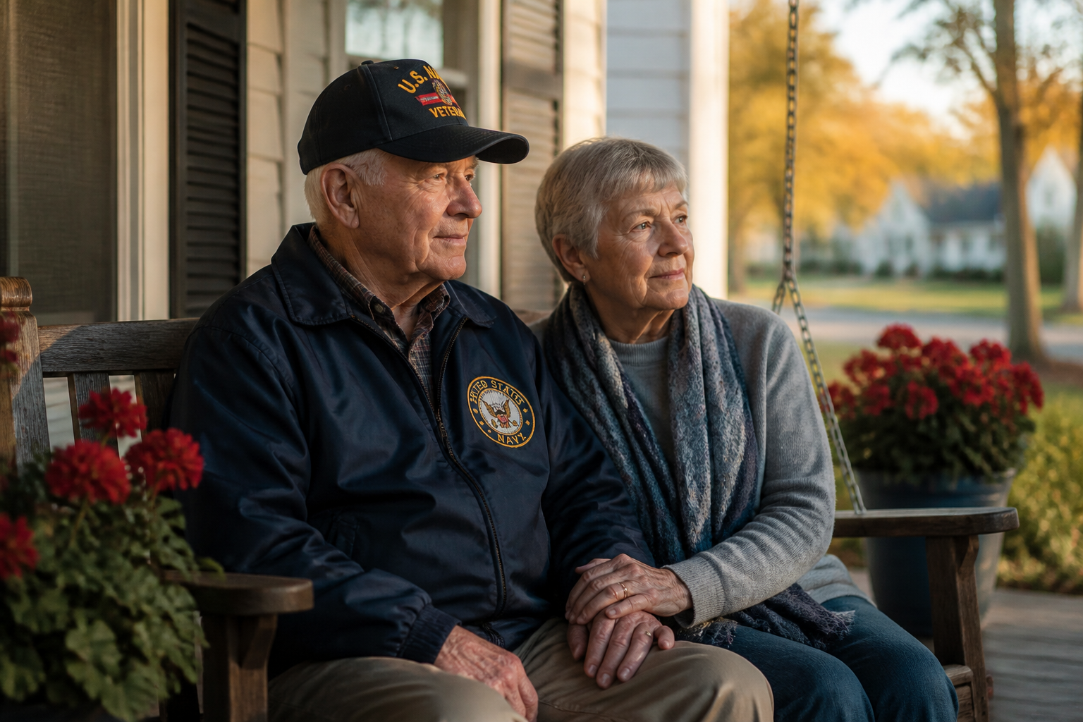 Elderly Couple on Porch Swing at Golden Hour