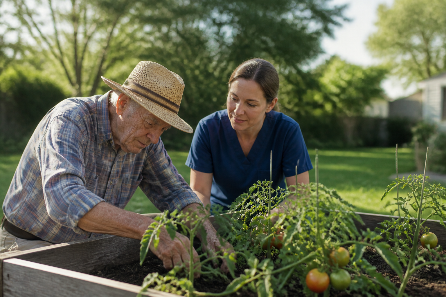 Elderly Man Tending Tomato Plants in Suburban Garden