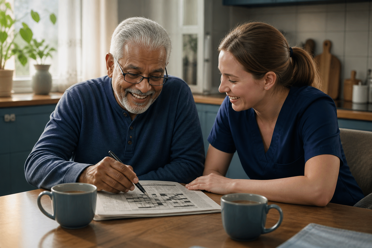 Elderly Man and Caregiver Doing Crossword at Kitchen Table