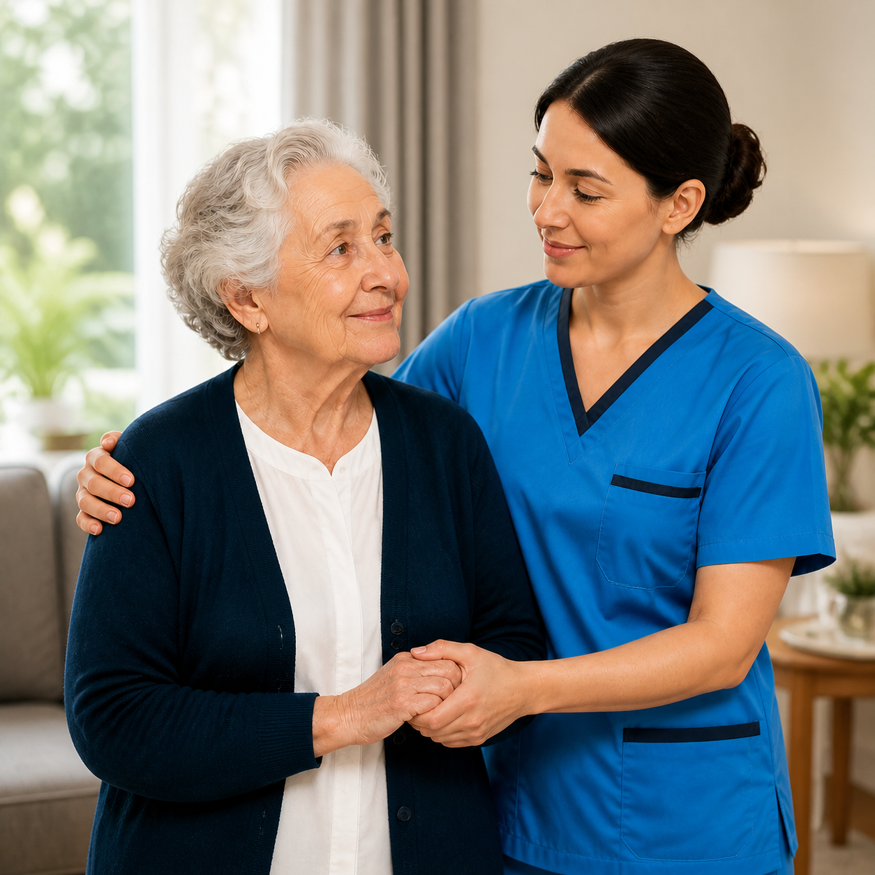 Senior Assisted by Caretaker in Home Setting