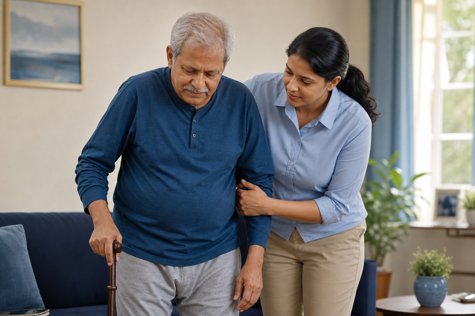 Senior Citizen Assisted by Caregiver in Khaki Uniform