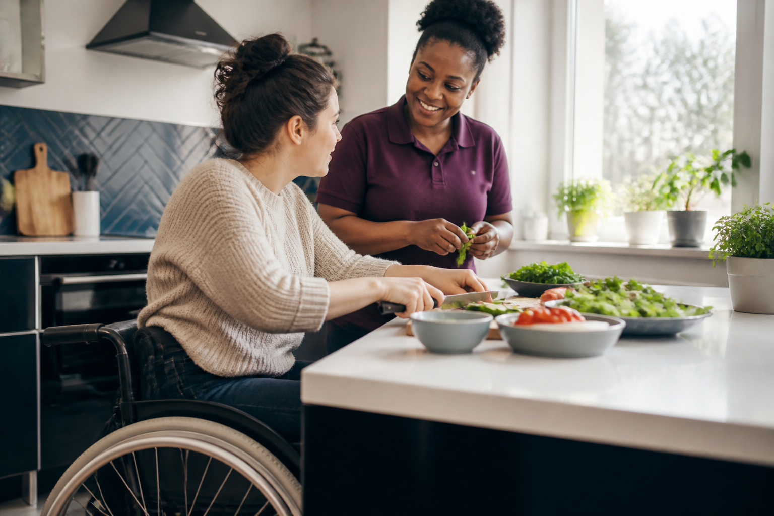 White Woman and Black Caregiver Preparing Lunch in Modern Kitchen